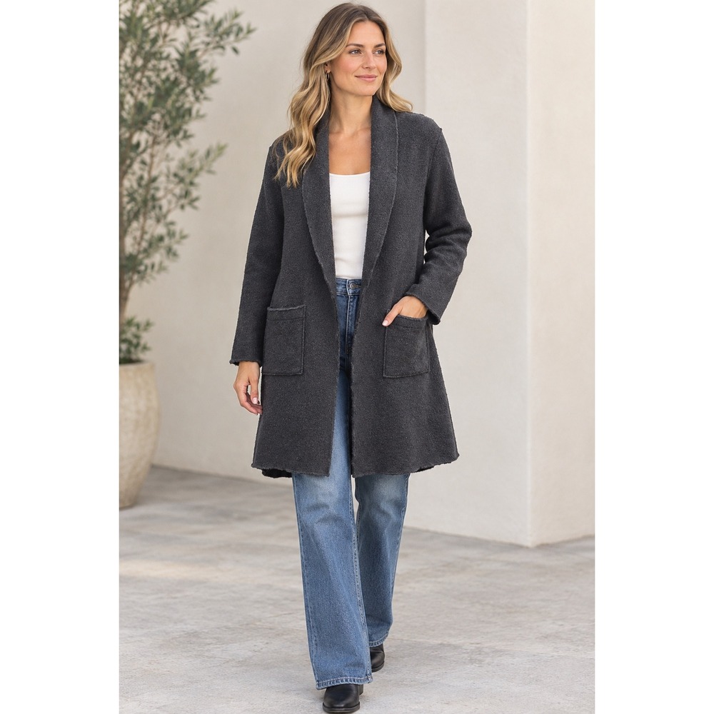 Eileen Fisher Boiled Wool Coat Women 2X Black Shawl Collar Open Front Cardigan